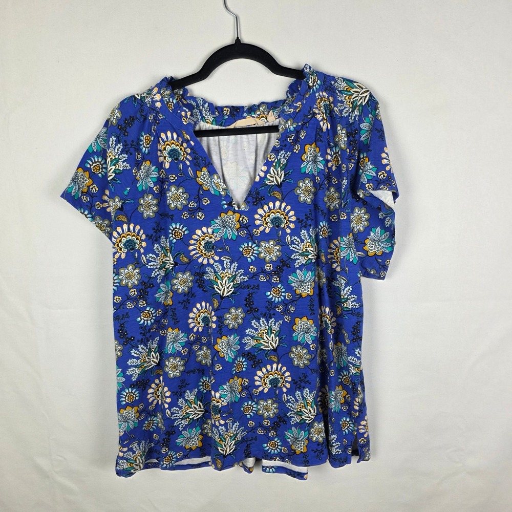 Soft Surroundings Blue Floral V-Neck Ruffle Top 2X Short Sleeve 5GK61